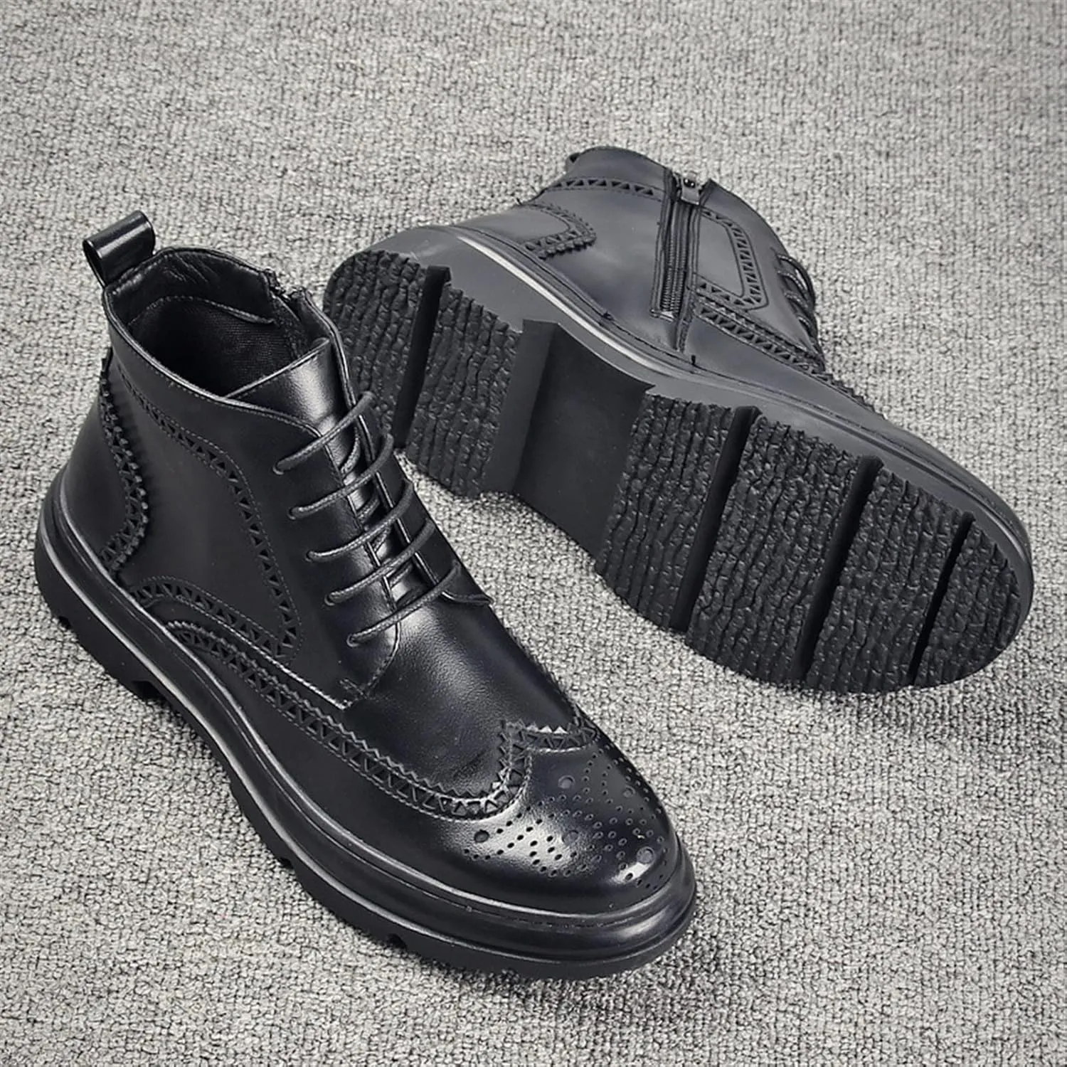 HOOENG Lace Up Boots for Men Derby Carved Brogue Win Tip Side Zip Vegan Leather Waterproof Anti-Slip Stylish Classic