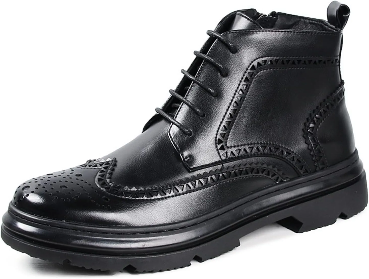 HOOENG Lace Up Boots for Men Derby Carved Brogue Win Tip Side Zip Vegan Leather Waterproof Anti-Slip Stylish Classic