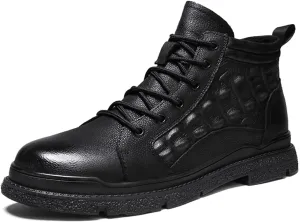 HOOENG Lace Up Round Toe Boots for Men Derby Crocodile Print Cowhide Leather Block Heel Non Slip Vintage Dress Formal (Color : Black, Size : 9)