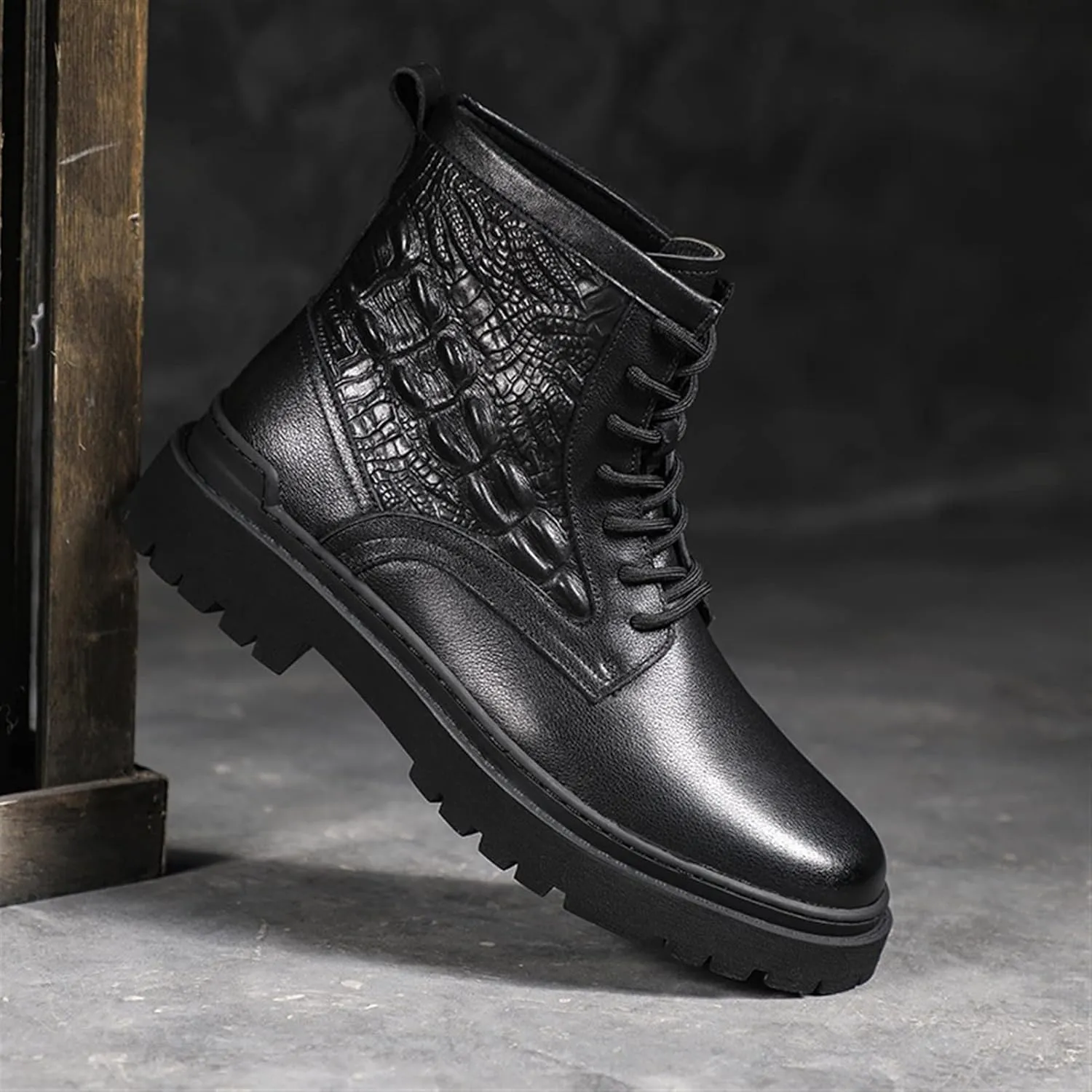 HOOENG Lace Up Round Toe Boots for Men Derby Crocodile Print Cowhide Leather Waterproof Slip Resistant Formal Classic Casual