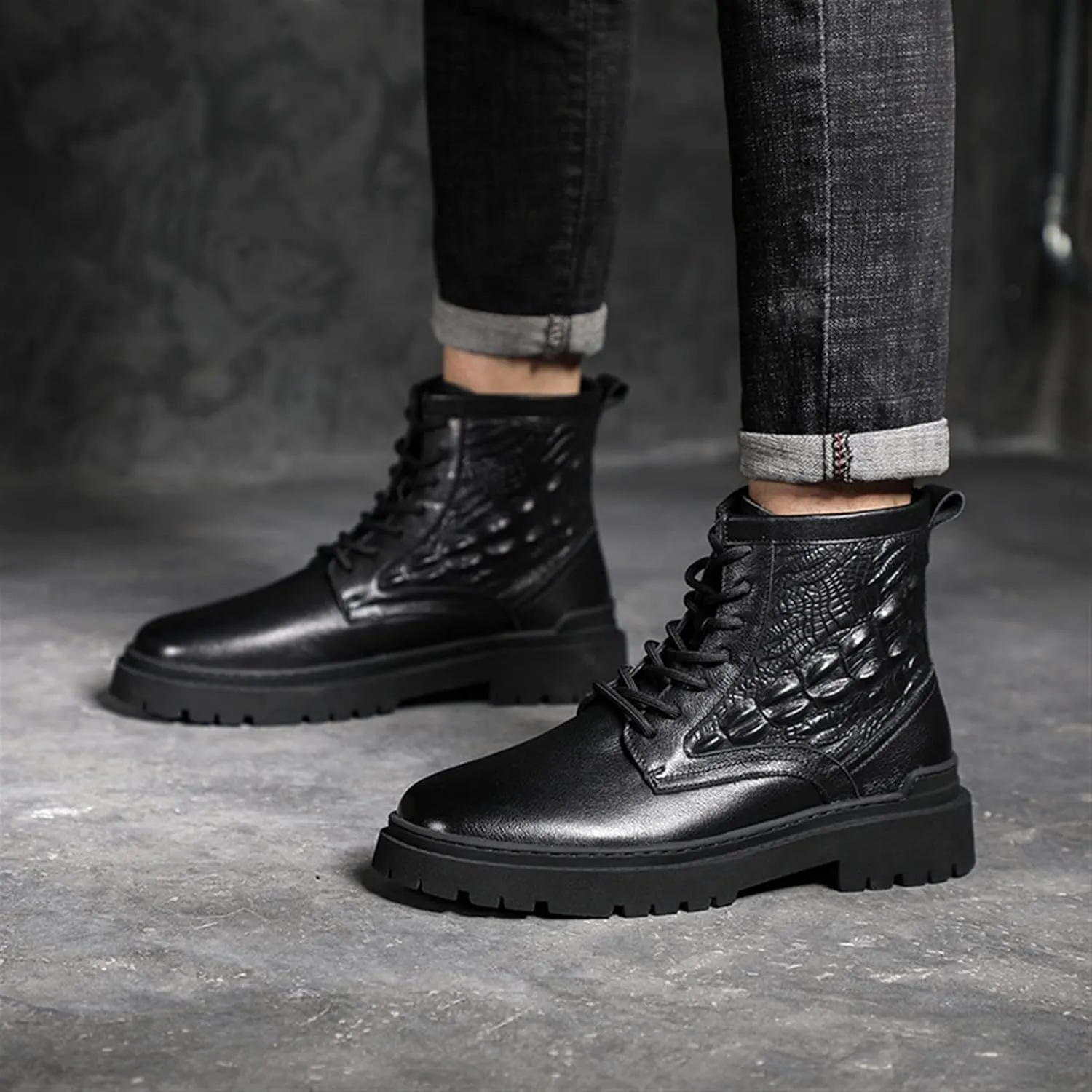 HOOENG Lace Up Round Toe Boots for Men Derby Crocodile Print Cowhide Leather Waterproof Slip Resistant Formal Classic Casual