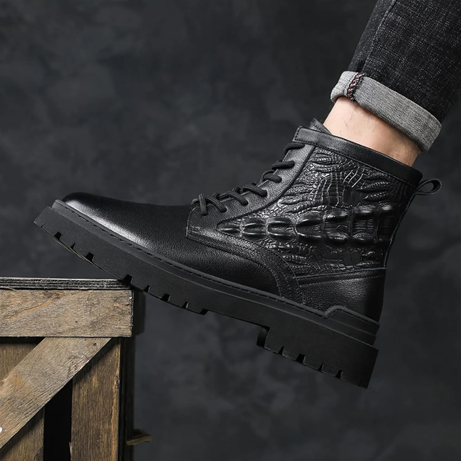 HOOENG Lace Up Round Toe Boots for Men Derby Crocodile Print Cowhide Leather Waterproof Slip Resistant Formal Classic Casual
