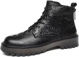 HOOENG Round Toe Boots for Men Derby Crocodile Print Double Back Zip Cowhide Leather Anti-Slip Waterproof Wearable Fashion Dress (Color : Black Lined, Size : 7)