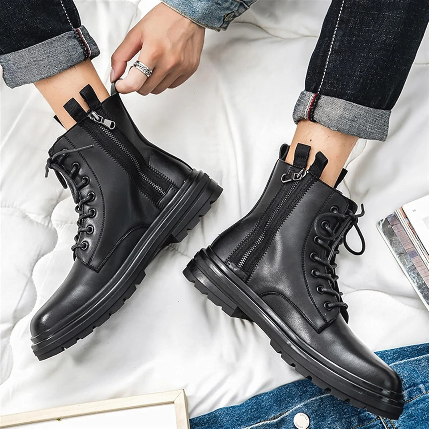 HOOENG Round Toe Boots for Men Derby Double Side Zip Cowhide Leather Anti-Slip Waterproof Dress Formal Vintage