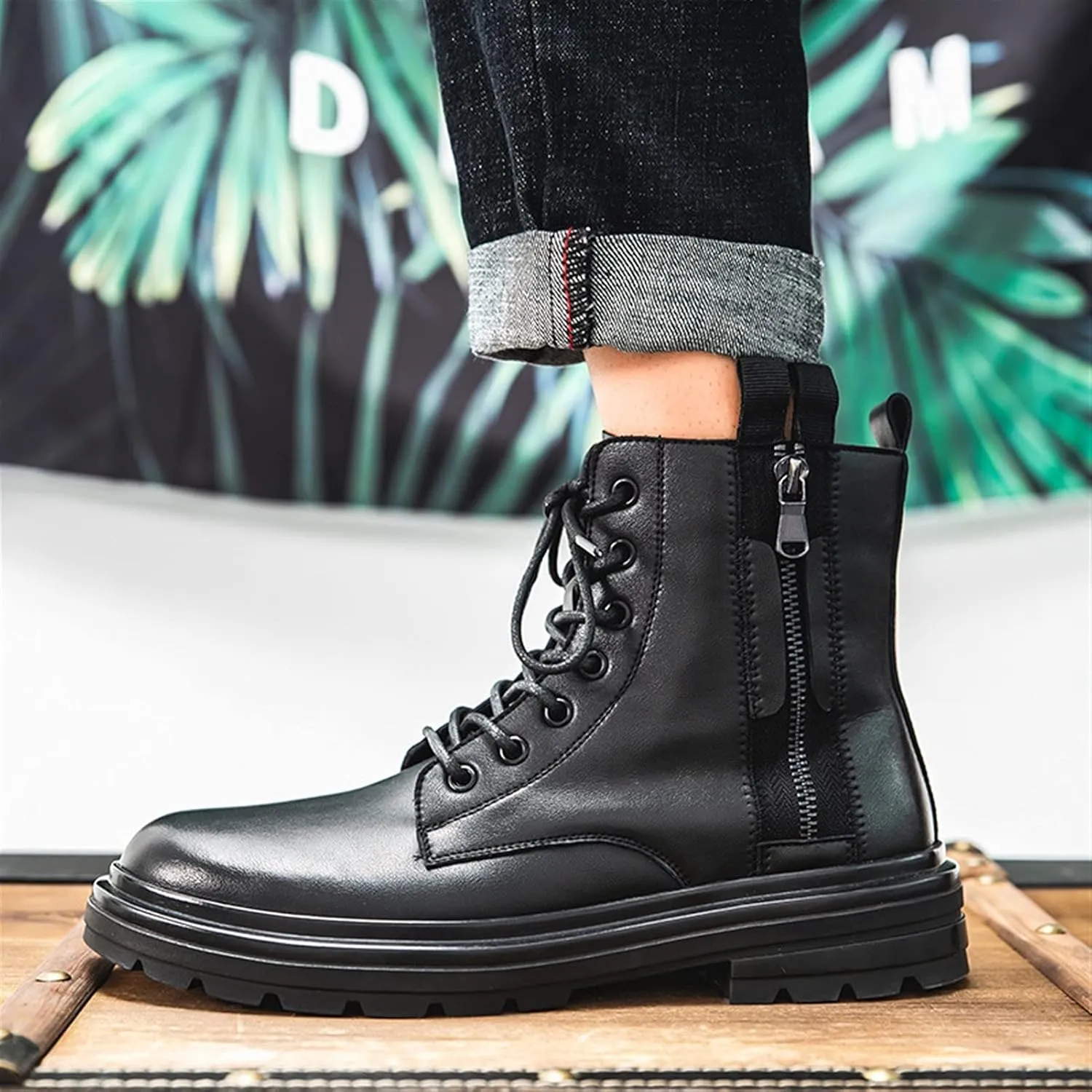 HOOENG Round Toe Boots for Men Derby Double Side Zip Cowhide Leather Anti-Slip Waterproof Dress Formal Vintage