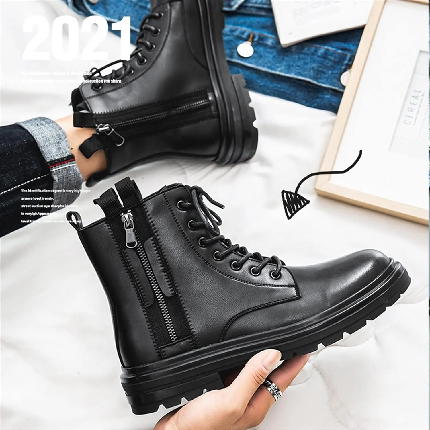 HOOENG Round Toe Boots for Men Derby Double Side Zip Cowhide Leather Anti-Slip Waterproof Dress Formal Vintage