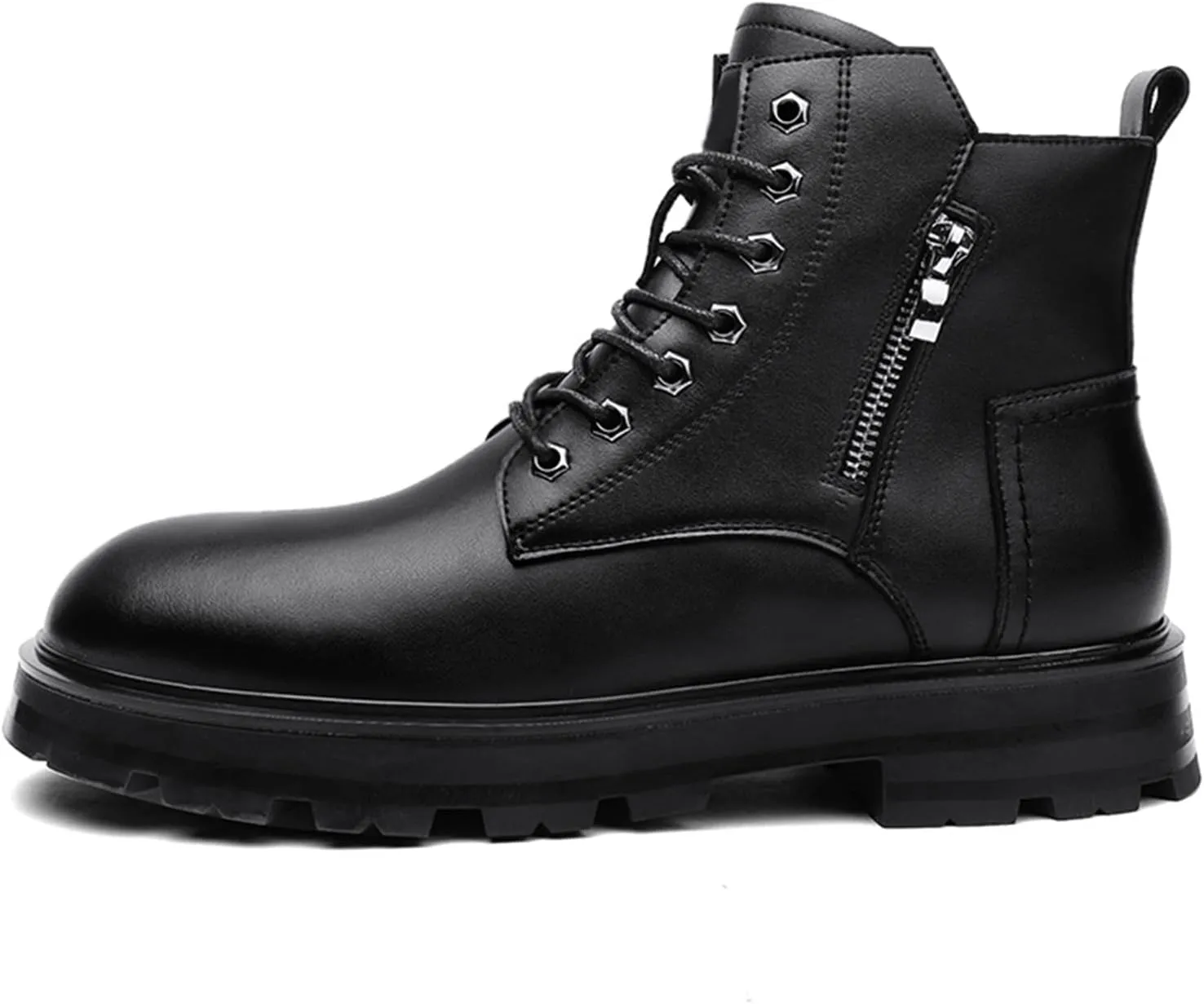 HOOENG Round Toe Boots for Men Derby Side Zip Cowhide Leather Block Heel Non Slip Resistant Casual Classic Dress