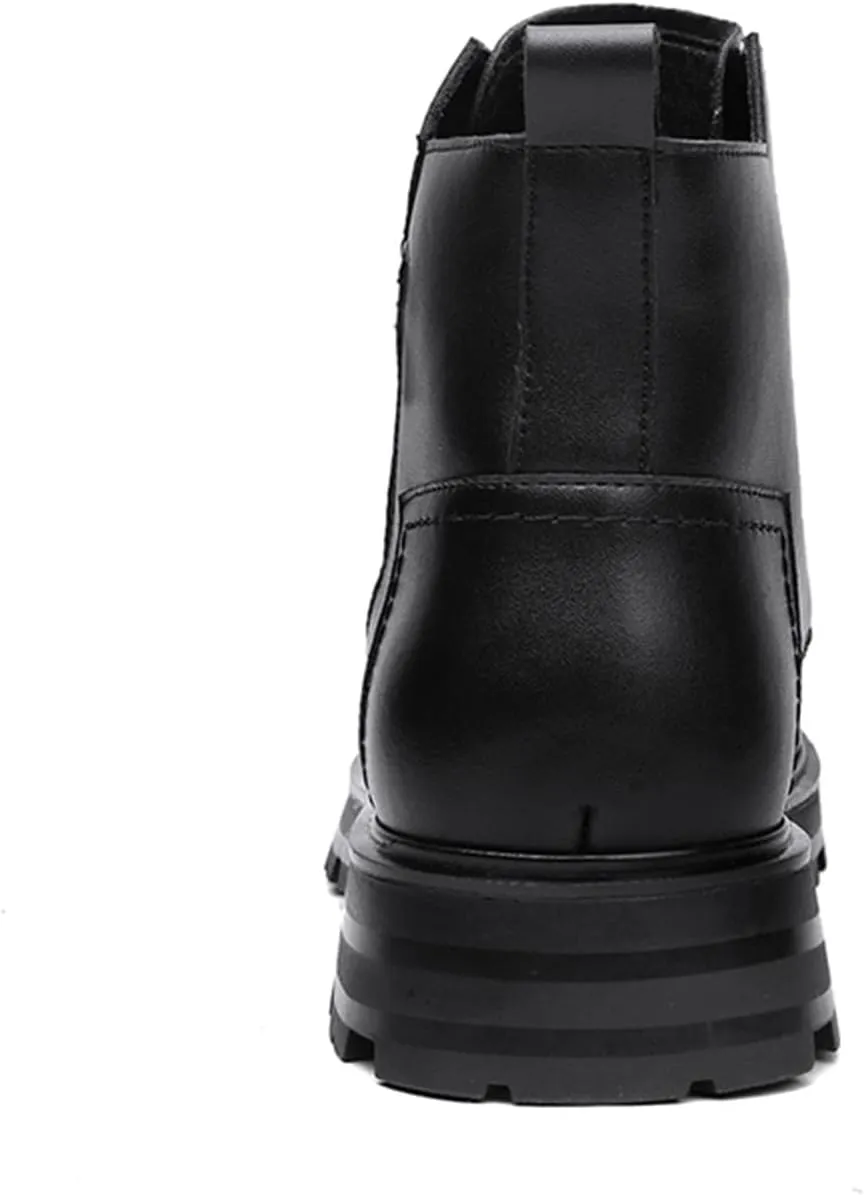 HOOENG Round Toe Boots for Men Derby Side Zip Cowhide Leather Block Heel Non Slip Resistant Casual Classic Dress