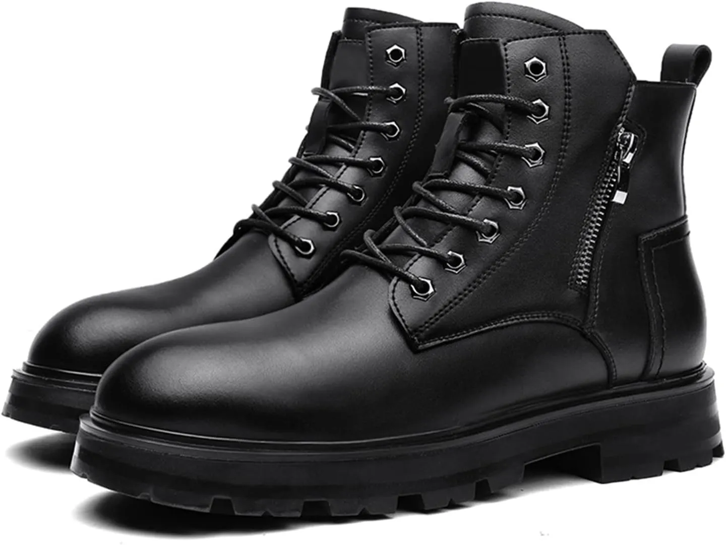HOOENG Round Toe Boots for Men Derby Side Zip Cowhide Leather Block Heel Non Slip Resistant Casual Classic Dress