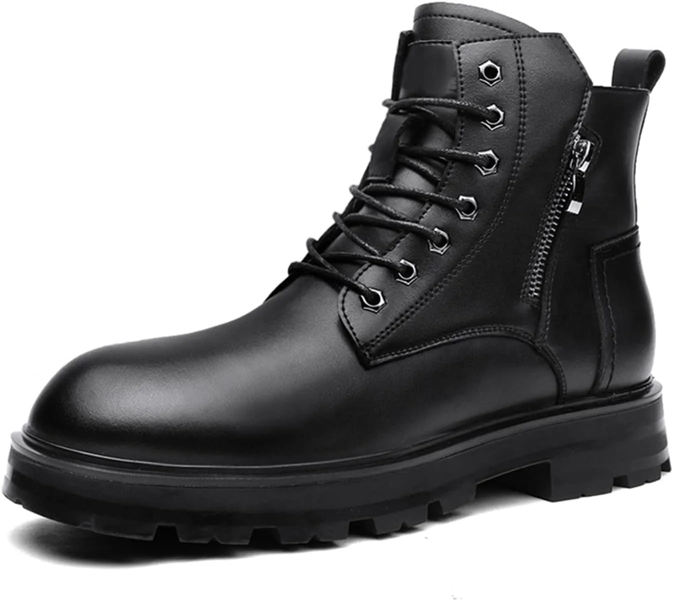 HOOENG Round Toe Boots for Men Derby Side Zip Cowhide Leather Block Heel Non Slip Resistant Casual Classic Dress