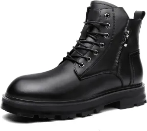 HOOENG Round Toe Boots for Men Derby Side Zip Cowhide Leather Block Heel Non Slip Resistant Casual Classic Dress