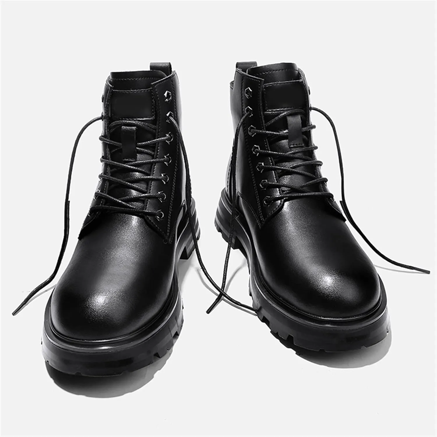 HOOENG Round Toe Boots for Men Derby Side Zip Cowhide Leather Block Heel Non Slip Resistant Casual Classic Dress