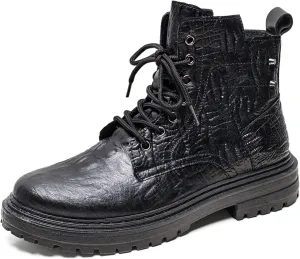 HOOENG Round Toe Lace Up Boots for Men Derby Crocodile Print with Rivet PU Anti-Slip Wearable Classic Work Formal (Color : Black, Size : 8.5)