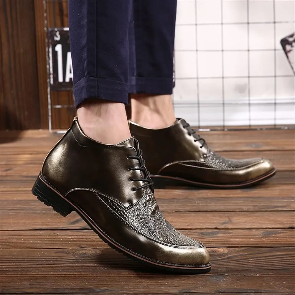 HOOENG Round Toe Lace Up Boots for Men Derby Moc Toe Crocodile Print PU Wearable Block Heel Stylish Vintage Casual