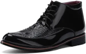 HOOENG Round Toe Lace Up Boots for Men Derby Moc Toe Crocodile Print PU Wearable Block Heel Stylish Vintage Casual