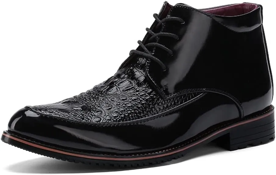 HOOENG Round Toe Lace Up Boots for Men Derby Moc Toe Crocodile Print PU Wearable Block Heel Stylish Vintage Casual