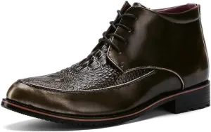 HOOENG Round Toe Lace Up Boots for Men Derby Moc Toe Crocodile Print PU Wearable Block Heel Stylish Vintage Casual