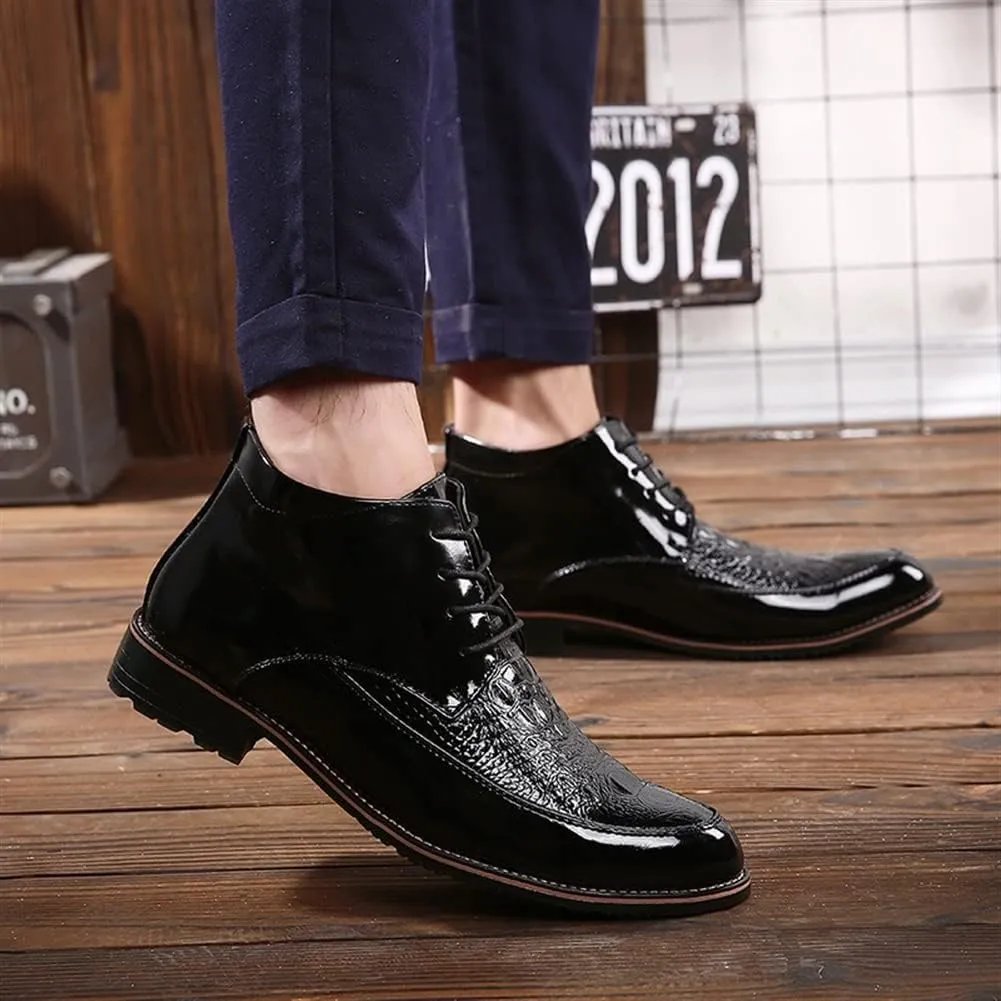 HOOENG Round Toe Lace Up Boots for Men Derby Moc Toe Crocodile Print PU Wearable Block Heel Stylish Vintage Casual
