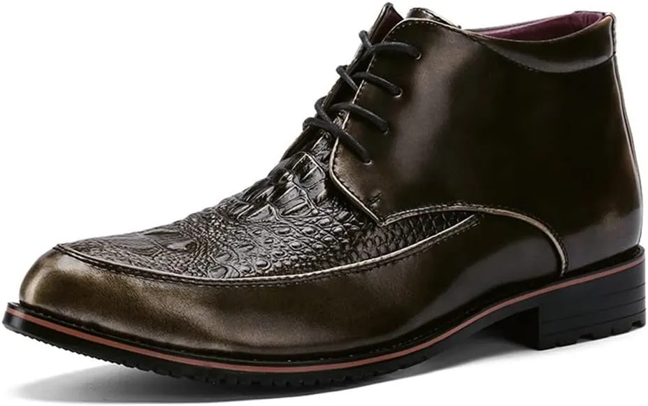 HOOENG Round Toe Lace Up Boots for Men Derby Moc Toe Crocodile Print PU Wearable Block Heel Stylish Vintage Casual