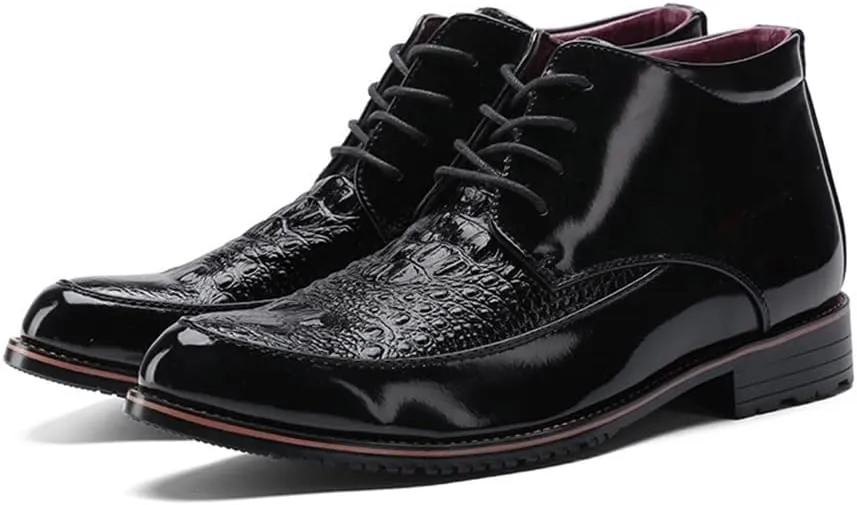 HOOENG Round Toe Lace Up Boots for Men Derby Moc Toe Crocodile Print PU Wearable Block Heel Stylish Vintage Casual