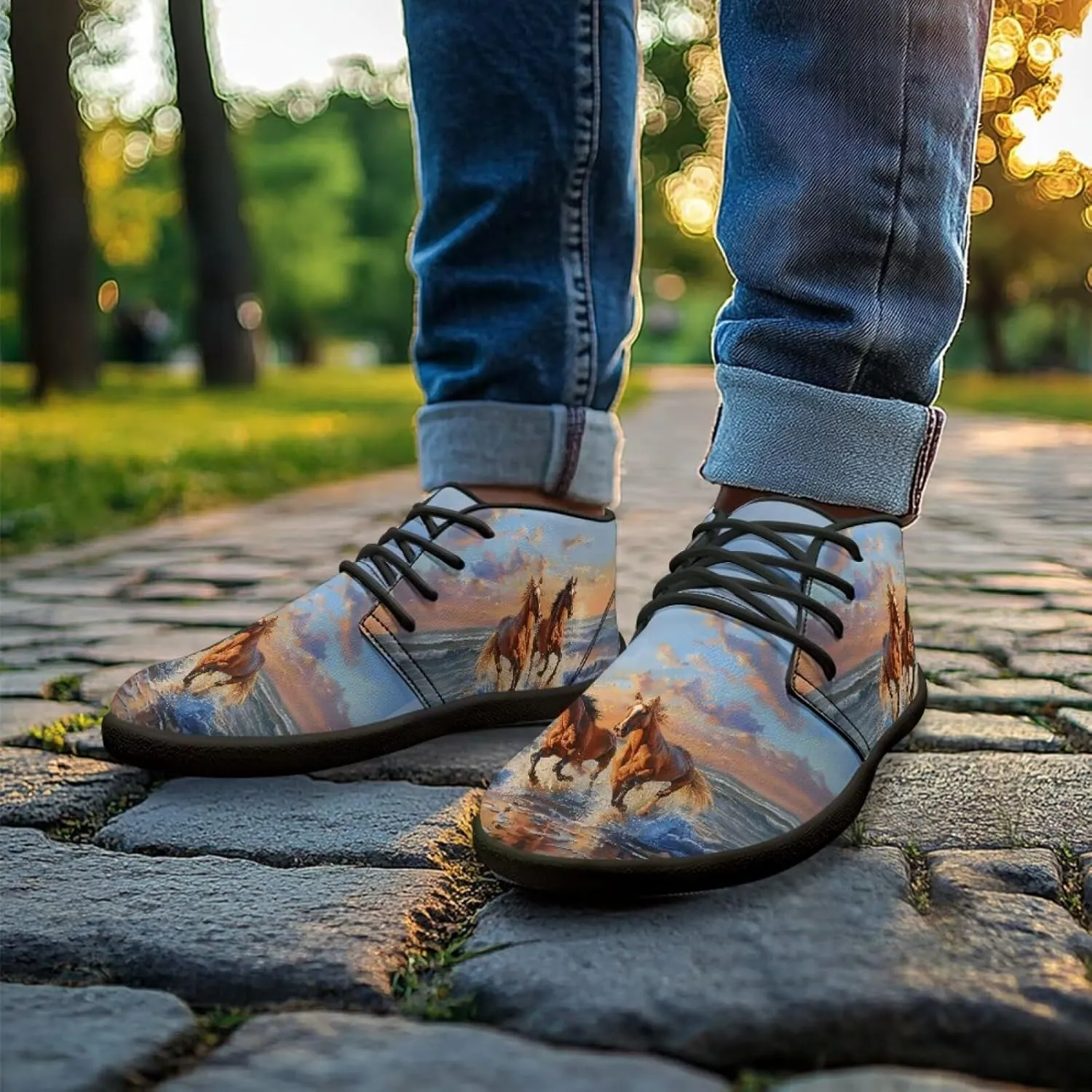 Horse Running Shoes for Women Men Slip On Low Top Sneaker PU Leather Walking Barefoot Shoes
