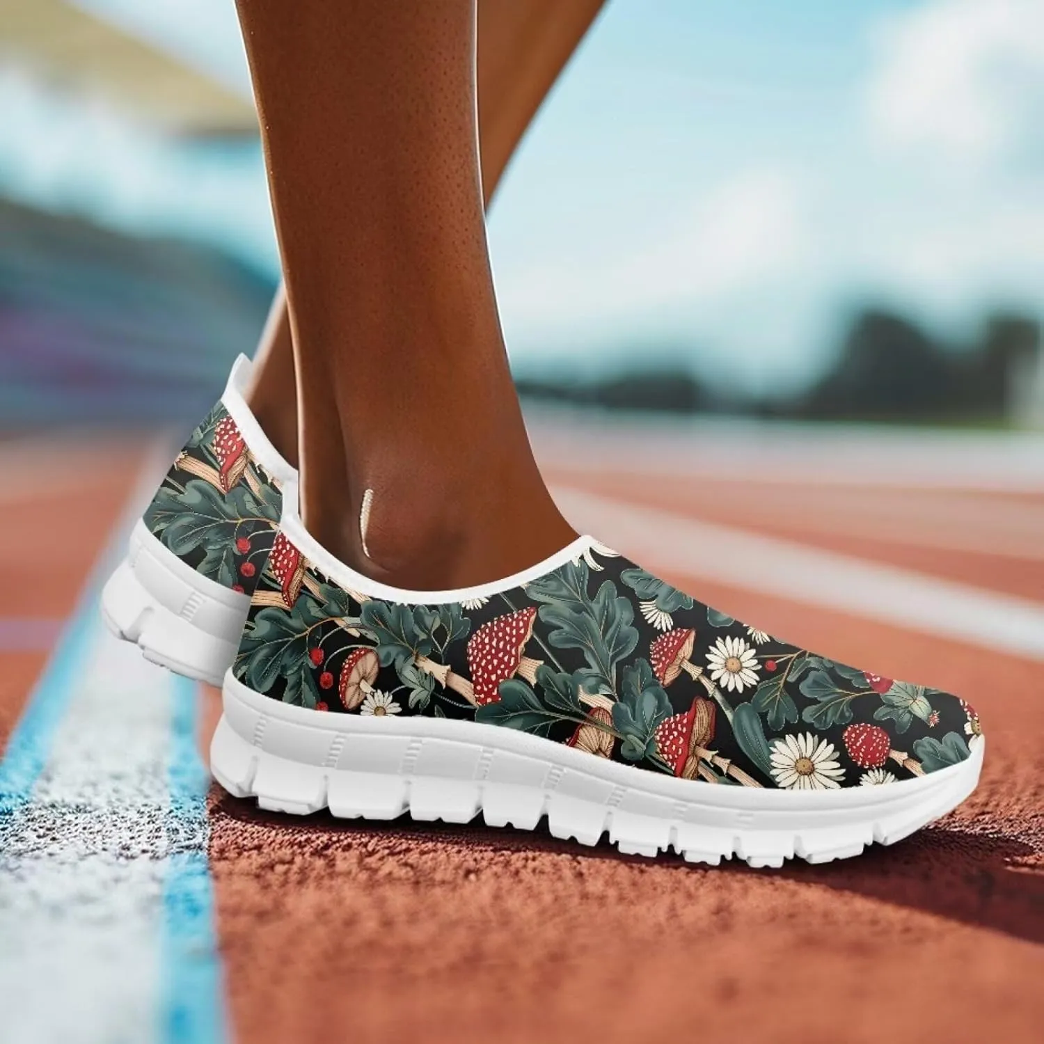 Howilath Hummingbird & Mushroom Slip on Shoes Women Casual Sport Shoes No Laces Running Sneakers with EVA Sole