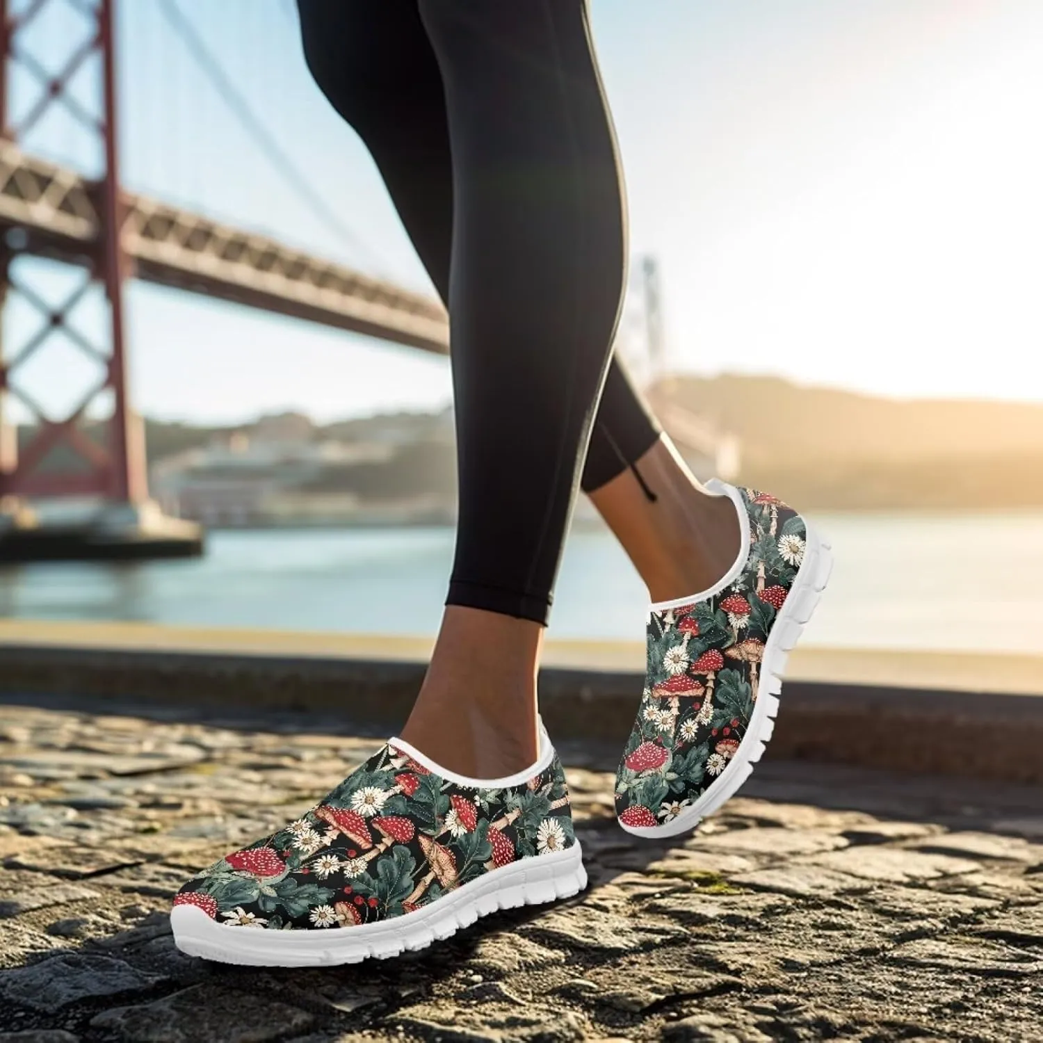Howilath Hummingbird & Mushroom Slip on Shoes Women Casual Sport Shoes No Laces Running Sneakers with EVA Sole