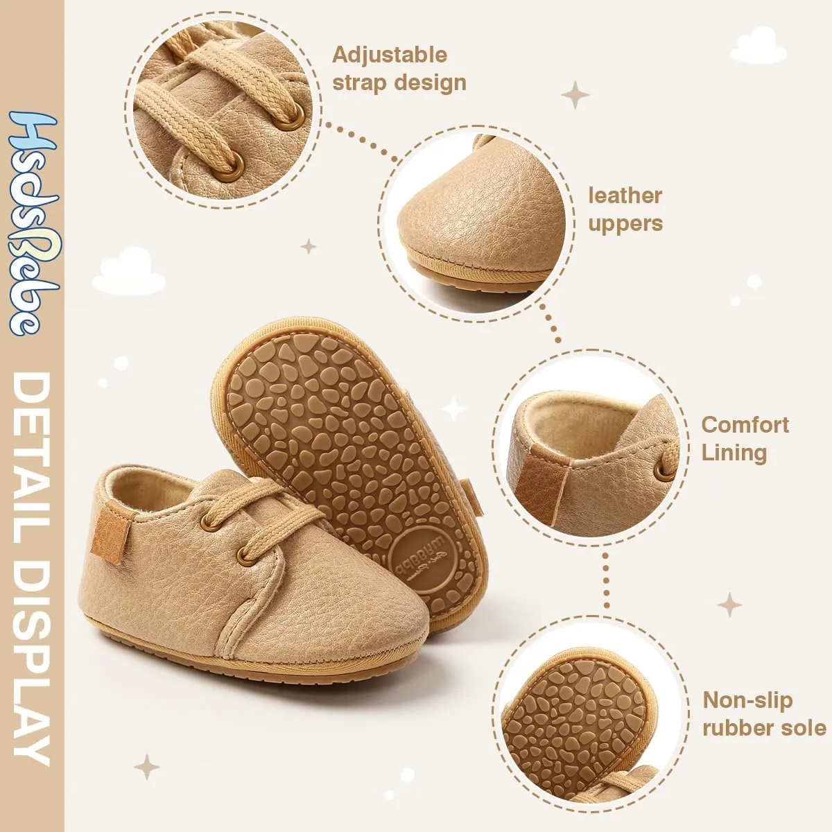 HsdsBebe Baby Boys Girls Oxford Shoes PU Leather Soft Rubber Sole Sneakers Anti-Slip Toddler Ankle Boots Infant Walking Shoes Moccasins
