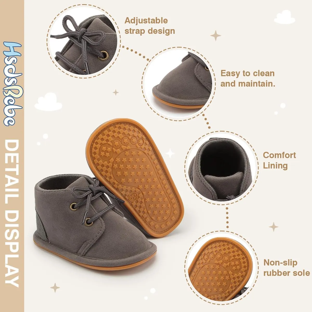 HsdsBebe Baby Boys Girls Oxford Shoes PU Leather Soft Rubber Sole Sneakers Anti-Slip Toddler Ankle Boots Infant Walking Shoes Moccasins