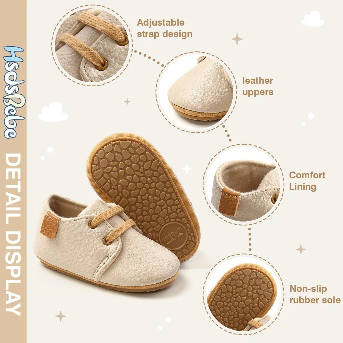 HsdsBebe Baby Boys Girls Oxford Shoes PU Leather Soft Rubber Sole Sneakers Anti-Slip Toddler Ankle Boots Infant Walking Shoes Moccasins