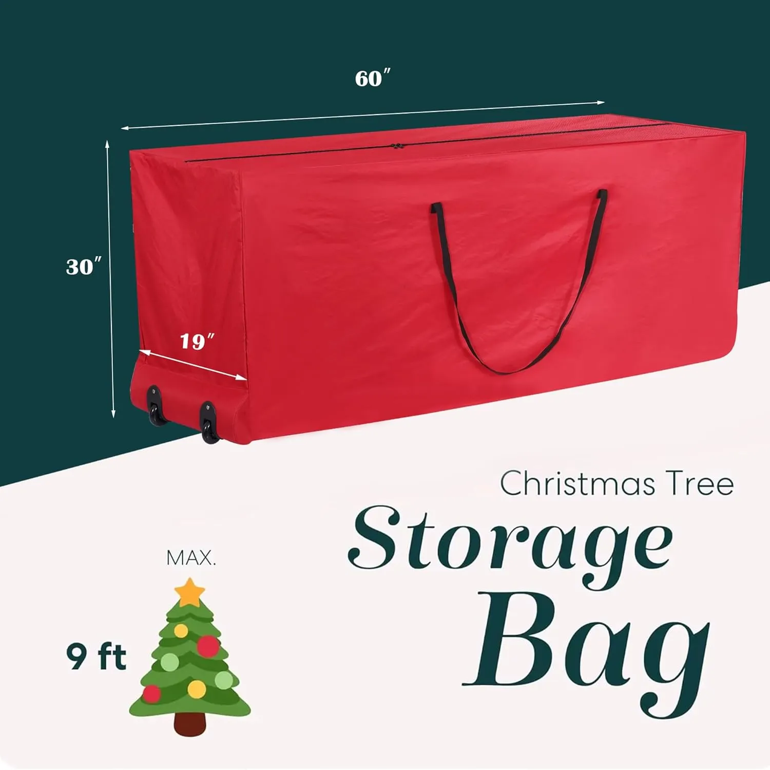 HYRIXDIRECT 9FT Rolling Christmas Tree Storage Bag, 600D Oxford Tree Storage Container with Durable Handles and Wheels, Protects Against Dust & Insects & Moisture