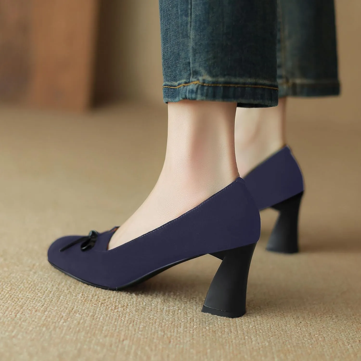 iadore Women Fashion High Chunky Heel Shoes Retro Suede Bowknot Slip on Round Toe Comfortable Dress Pumps Size 5-12 US