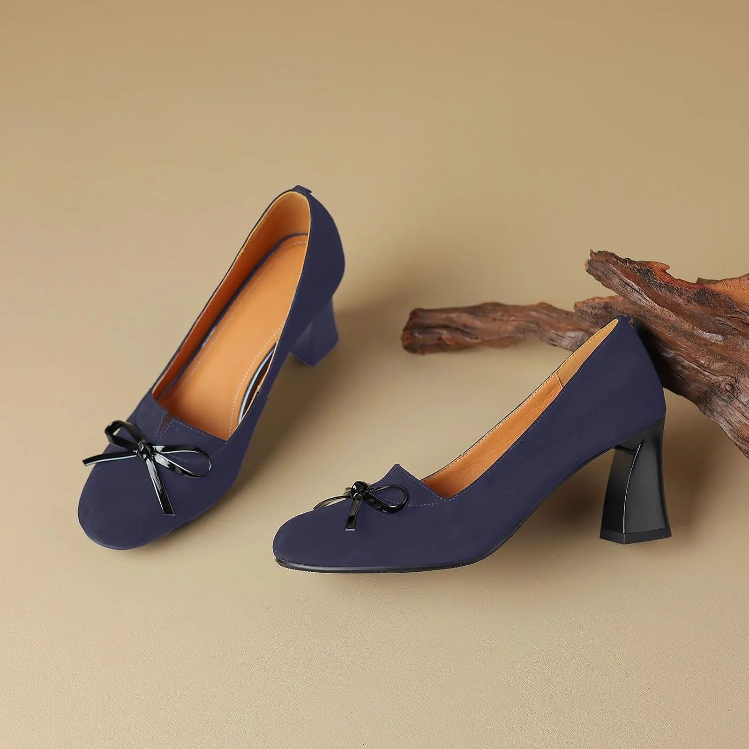 iadore Women Fashion High Chunky Heel Shoes Retro Suede Bowknot Slip on Round Toe Comfortable Dress Pumps Size 5-12 US