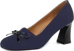 iadore Women Fashion High Chunky Heel Shoes Retro Suede Bowknot Slip on Round Toe Comfortable Dress Pumps Size 5-12 US