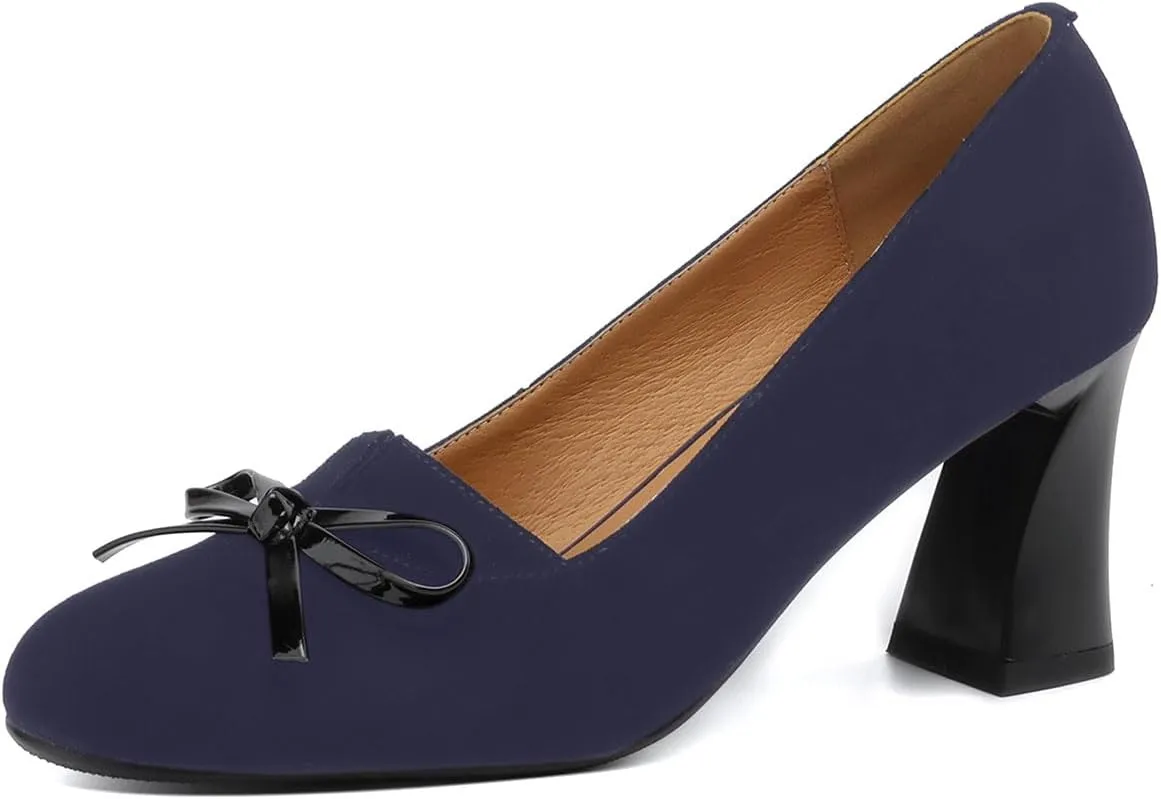 iadore Women Fashion High Chunky Heel Shoes Retro Suede Bowknot Slip on Round Toe Comfortable Dress Pumps Size 5-12 US
