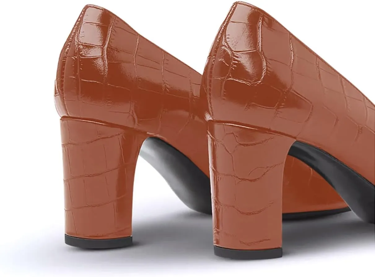 iadore Women Retro Chunky High Heel Shoes Fashion Round Toe Crocodile Pattern Slip on Comfortable Dress Pumps Size 5-12 US