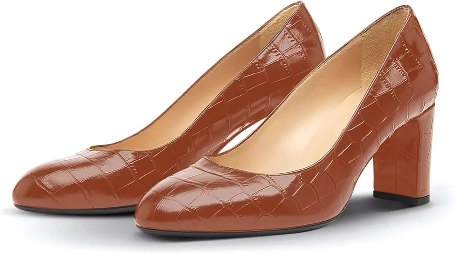 iadore Women Retro Chunky High Heel Shoes Fashion Round Toe Crocodile Pattern Slip on Comfortable Dress Pumps Size 5-12 US