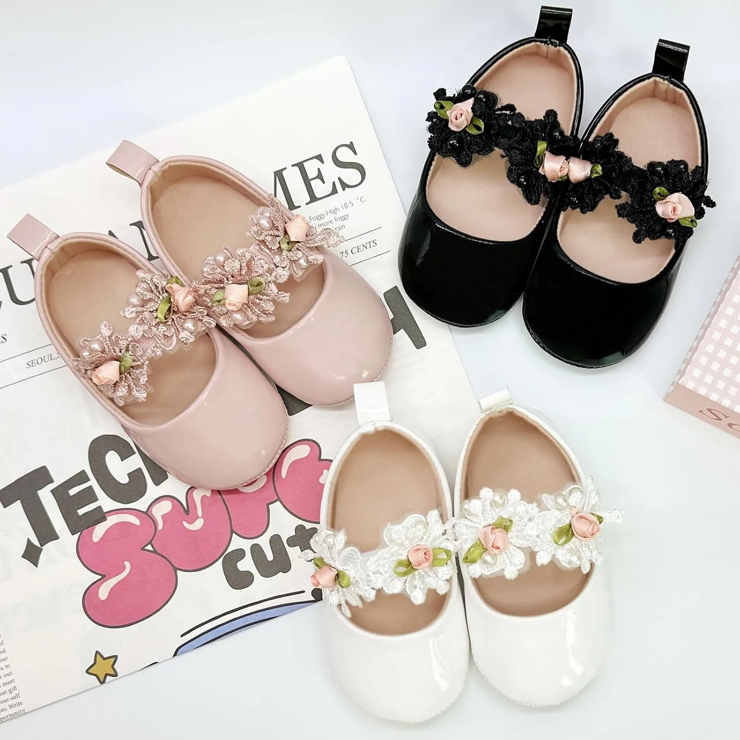 Infant Baby Girls Dress Shoes Newborn Bowkont Mary Jane Flats Non-Slip Lightweight Soft Sole Toddler First Walkers Princess Wedding Shoes