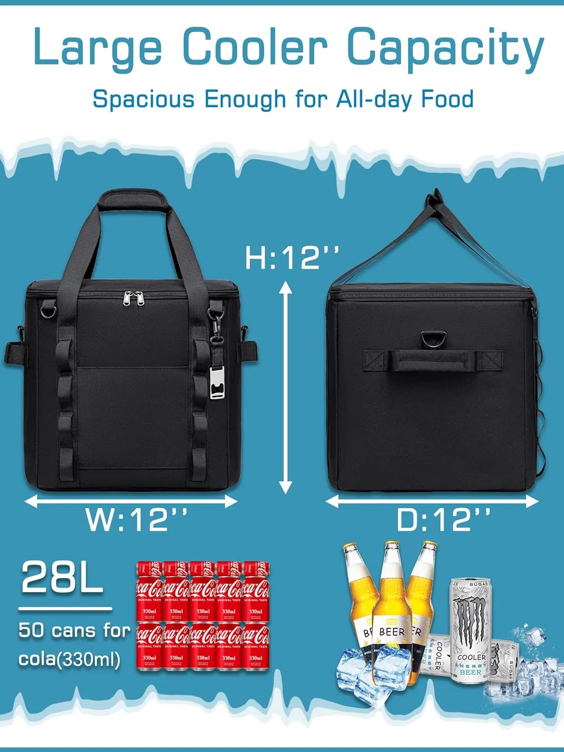 Insulated Soft Cooler Bag 12"x12"x12" Large Leakproof Soft Sided Ice Chest for Travel Beach Camping, 50 Cans Portable Cooler Box for Grocery Shopping, Road Trips