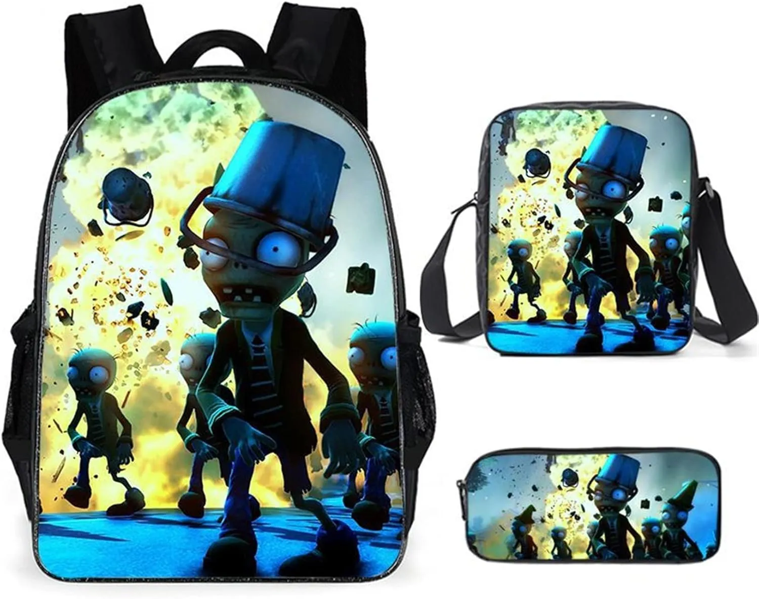 ISaikoy 3 in 1 Anime Plants vs. Zombies Backpack Bookbag School Bag Shoulder Bag Messenger Bag Pencil Bag 2