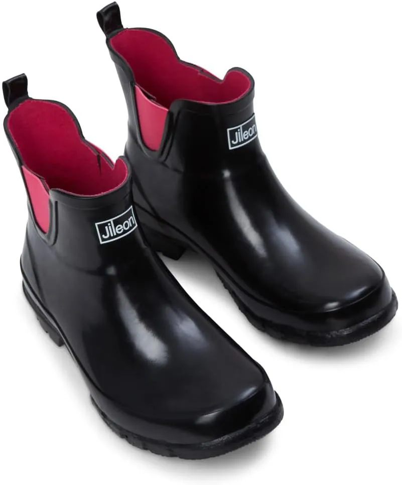 Jileon Womens Ankle Height Waterproof Rubber Rain Boots - Designed For Wide Feet & Wide Calves - Easy to Slip on and Off