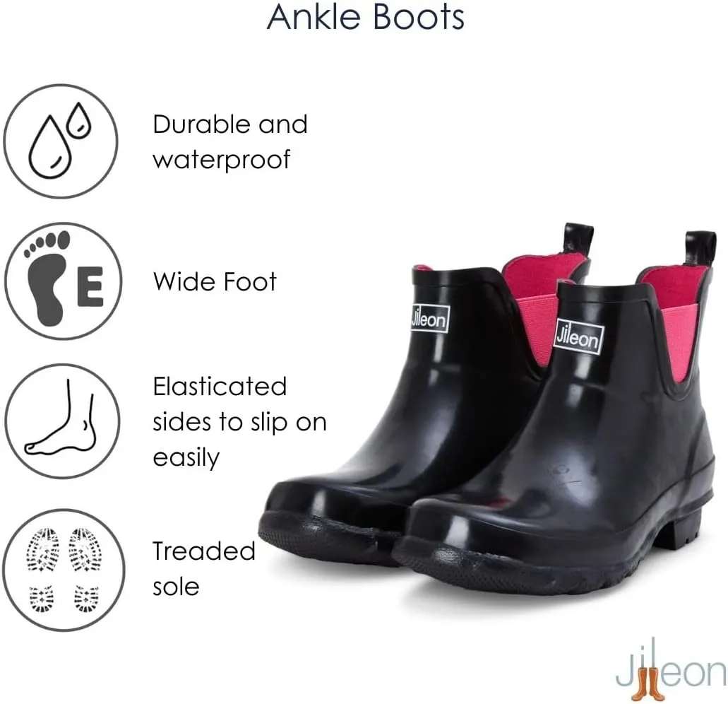 Jileon Womens Ankle Height Waterproof Rubber Rain Boots - Designed For Wide Feet & Wide Calves - Easy to Slip on and Off