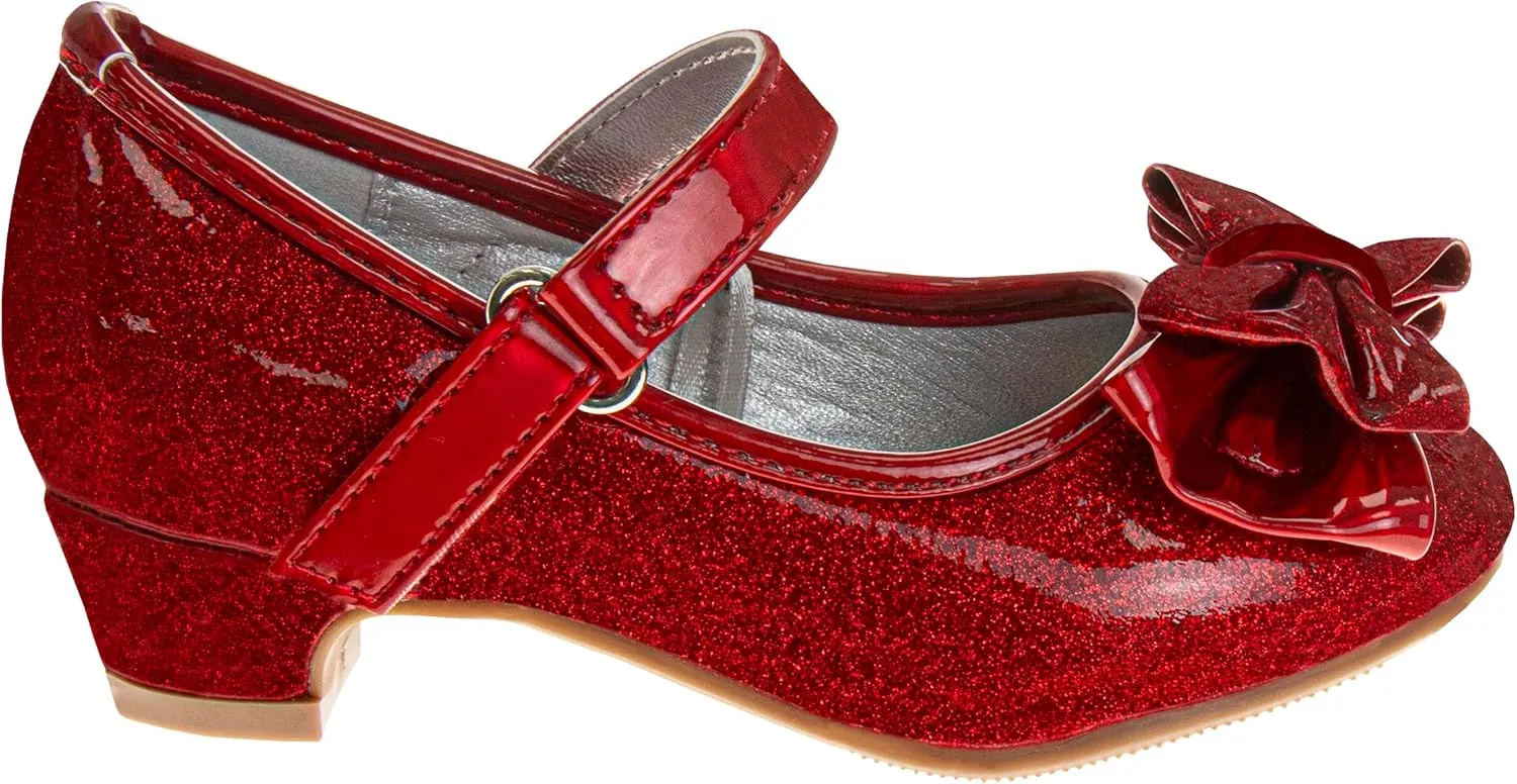 Josmo Sparkly Colors Girl Dress Shoes with Bow, Rubber Sole Closed Toe Block Heel Shoes for Toddler to Big Kid, Comfortable Formal and Party Wear Slip-On Pumps