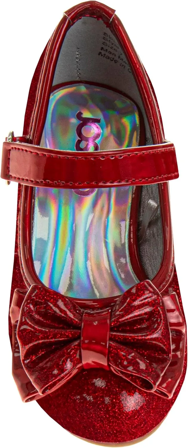 Josmo Sparkly Colors Girl Dress Shoes with Bow, Rubber Sole Closed Toe Block Heel Shoes for Toddler to Big Kid, Comfortable Formal and Party Wear Slip-On Pumps