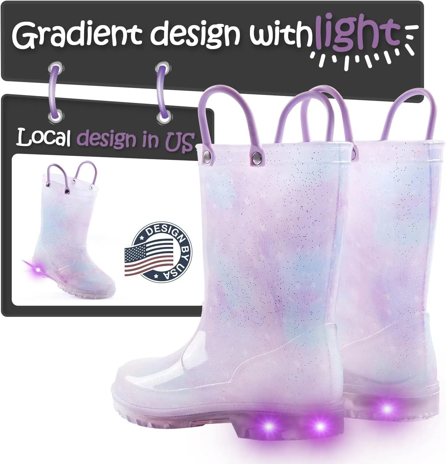 K KomForme Kids Rain Boots, Waterproof Light up Boots with Easy-on Handles