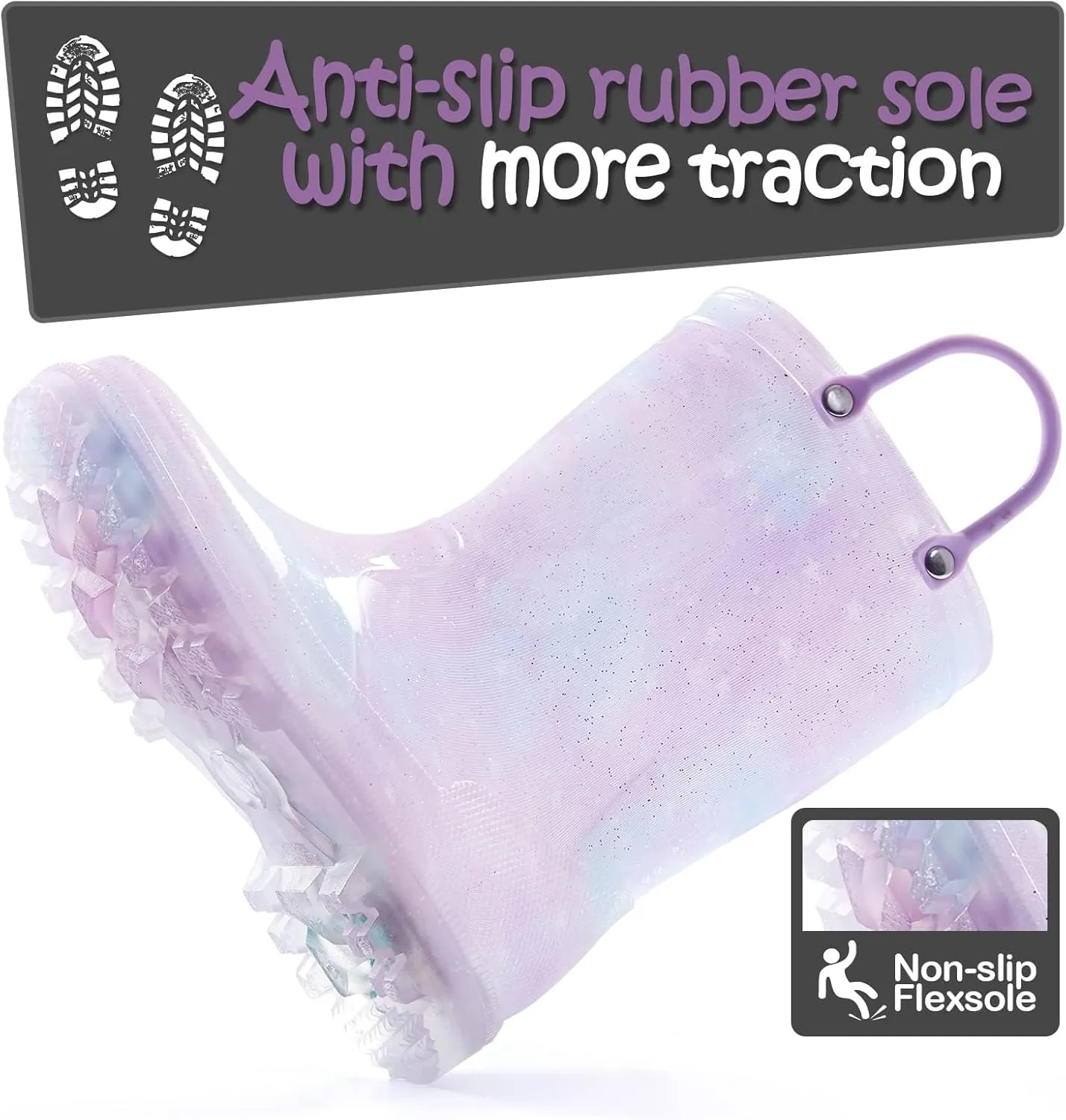 K KomForme Kids Rain Boots, Waterproof Light up Boots with Easy-on Handles
