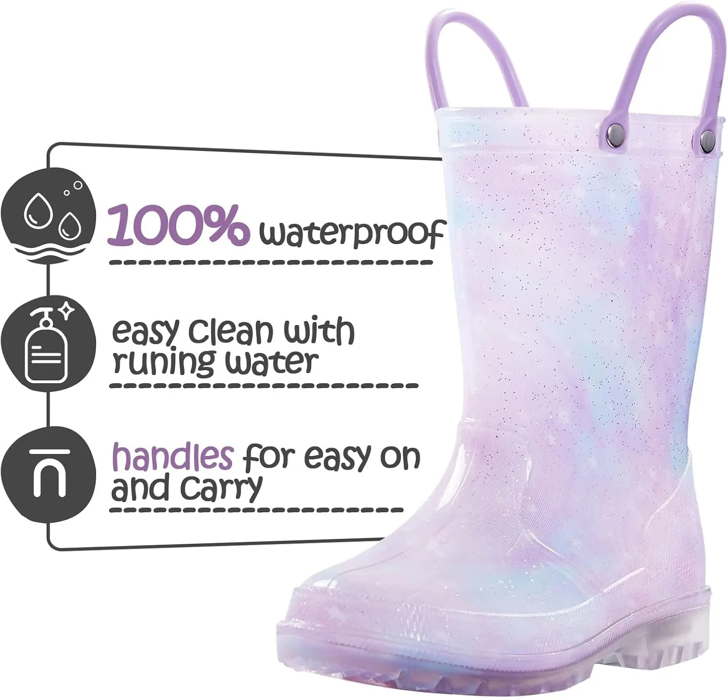 K KomForme Kids Rain Boots, Waterproof Light up Boots with Easy-on Handles