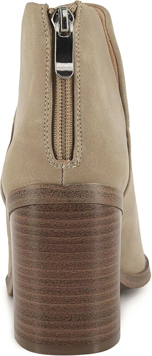 Kathemoi Womens Slip on Ankle Boots V Cutout Pointed Toe Chunky Stacked Mid Heel Booties