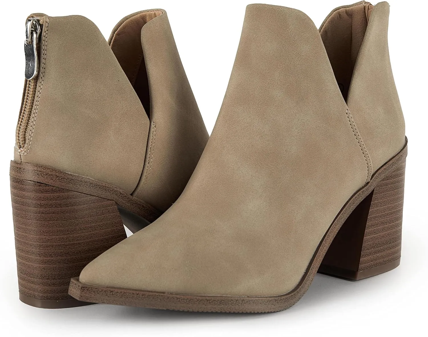 Kathemoi Womens Slip on Ankle Boots V Cutout Pointed Toe Chunky Stacked Mid Heel Booties