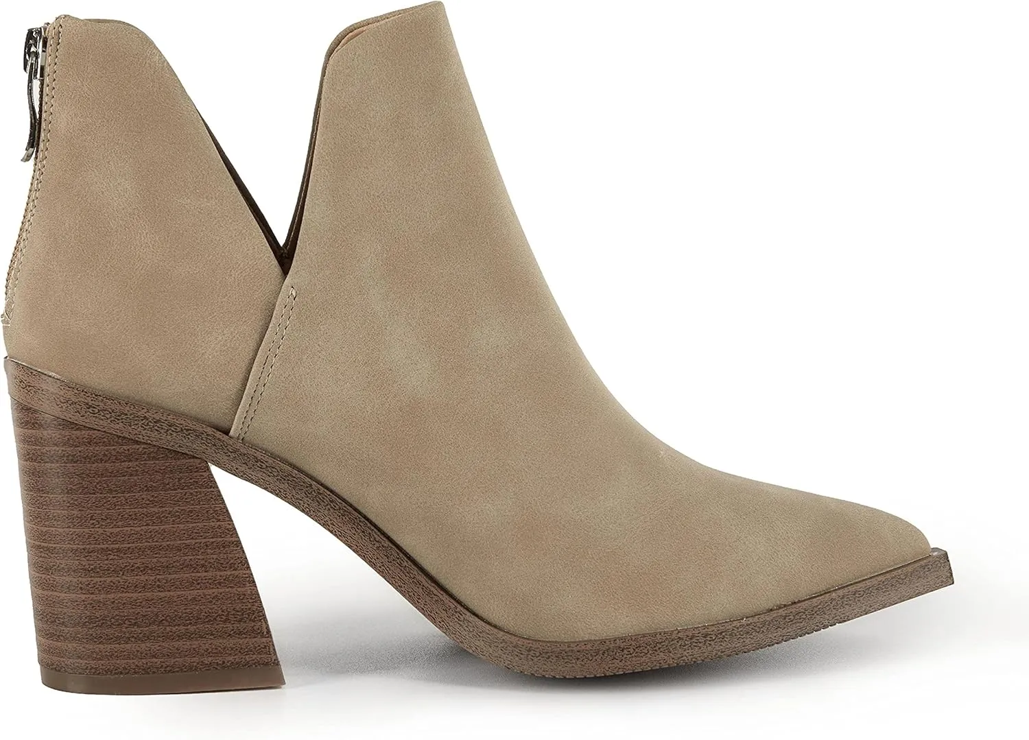 Kathemoi Womens Slip on Ankle Boots V Cutout Pointed Toe Chunky Stacked Mid Heel Booties